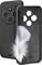 A black phone case with a large camera cutout, featuring a feather inside, conveying its lightweight design.