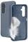 A blue phone case with a cutout for the camera lenses is shown with a soft feather placed inside, indicating its lightweight nature.