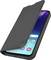 A smartphone with a black protective cover partially open, showing the device screen displaying app icons and a purple wallpaper.