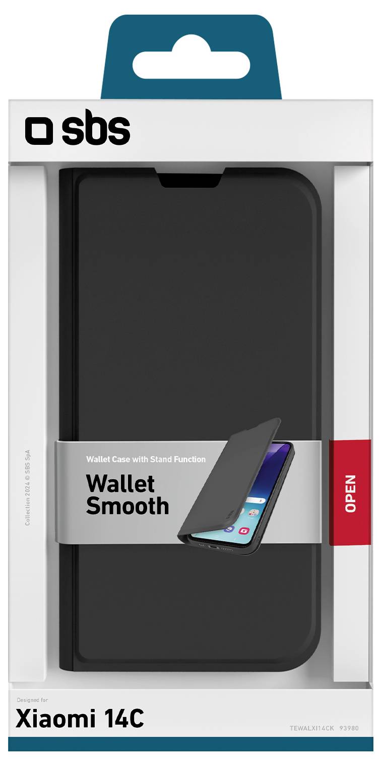 'Wallet Smooth' phone case for Xiaomi 14C, black, with stand function, shown in packaging with an illustration of its closed design.