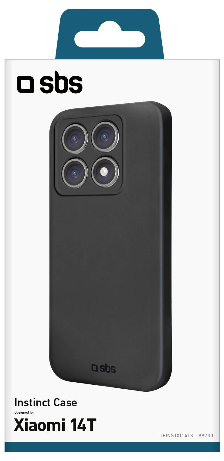 A black smartphone case for Xiaomi 14T with four camera cutouts, displayed in packaging with the brand 'sbs' and product name 'Instinct Case'.