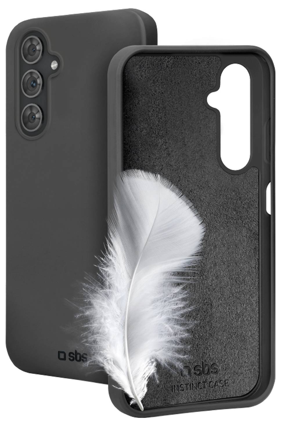 A phone case is shown in two views: one front-facing with a feather inside, symbolizing lightness, and another showing the back with camera cutouts.