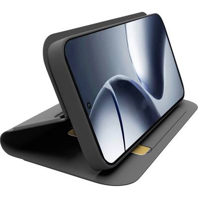 A sleek, modern smartphone with a curved screen, displayed on a black charging stand, showcasing a minimalist abstract design.