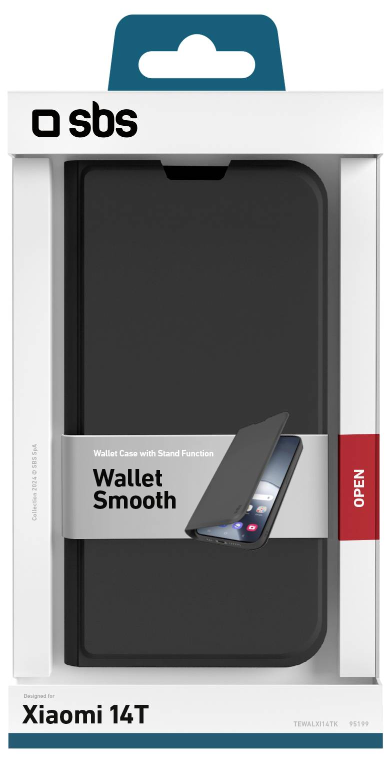 Packaging for a 'Wallet Smooth' phone case with stand, designed for Xiaomi 14T. Black case shown; includes retail and product branding.