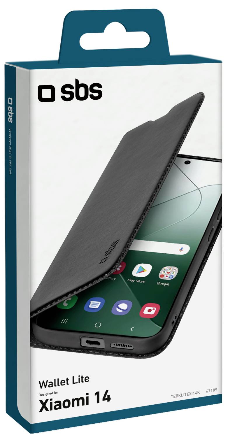 'Wallet Lite case for Xiaomi 14' packaging. Image shows a black phone cover partially enclosing a smartphone with visible app icons.