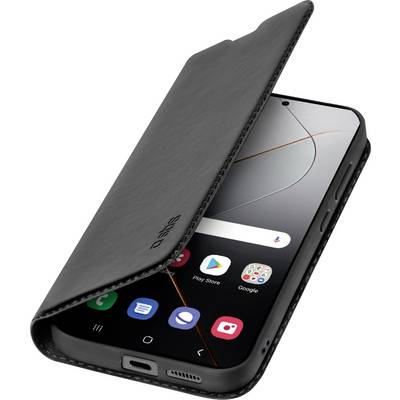 A smartphone with a black flip cover partially open, showing apps on the screen including Phone, Play Store, Google, and Contacts icons.