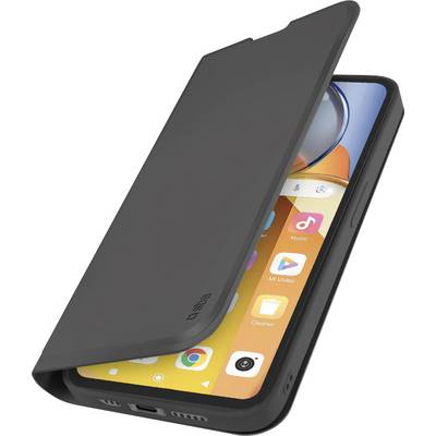 A smartphone with a black flip cover, showing a yellow home screen with various app icons, slightly opened to reveal the screen.
