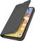 A smartphone with a black flip cover, showing a yellow home screen with various app icons, slightly opened to reveal the screen.