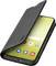 A smartphone with a flip cover partially open, displaying a bright yellow screen and various app icons on a white background.