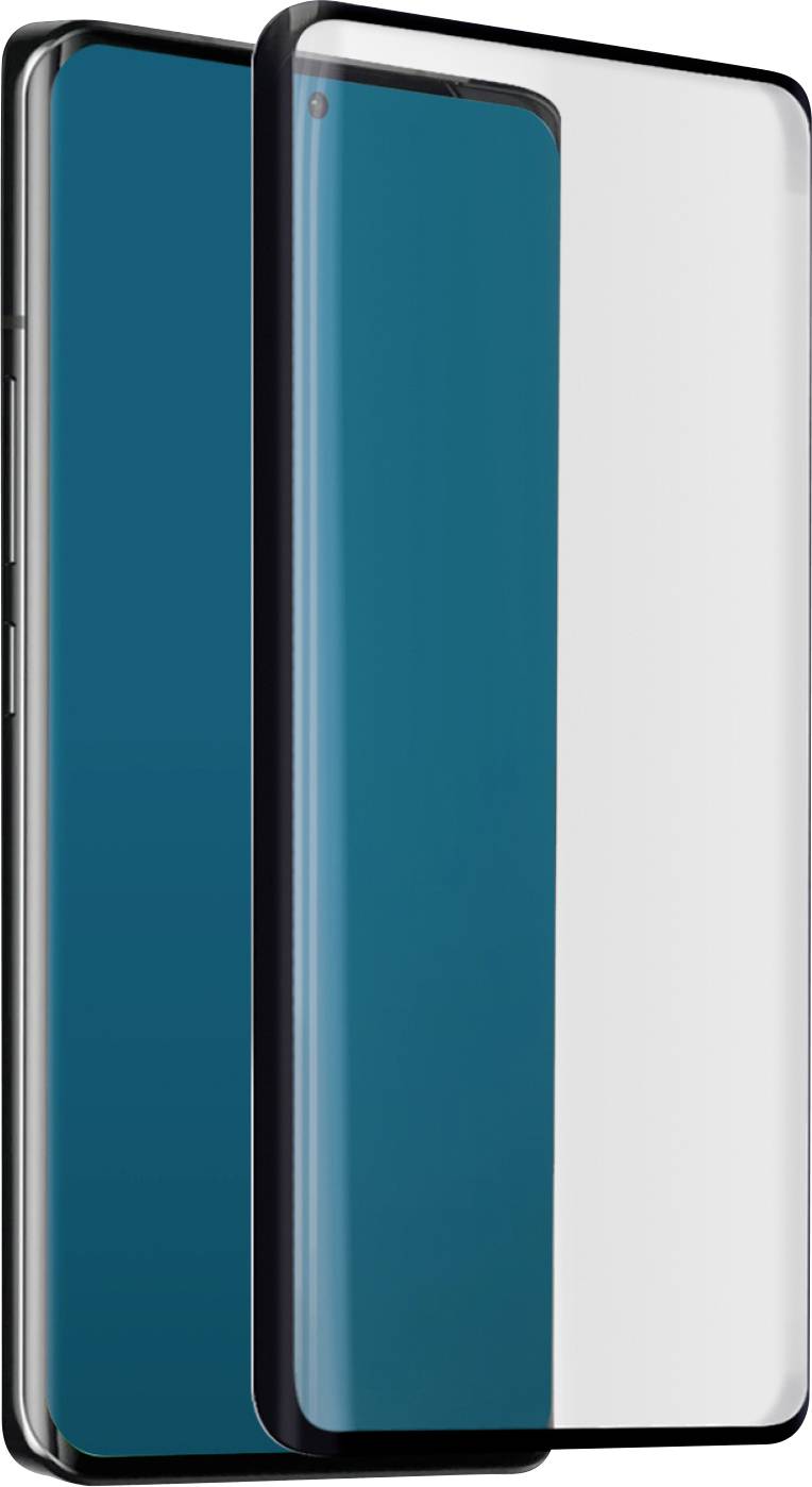 A smartphone with a blue screen protector partially covering its front, revealing sleek design and side buttons.