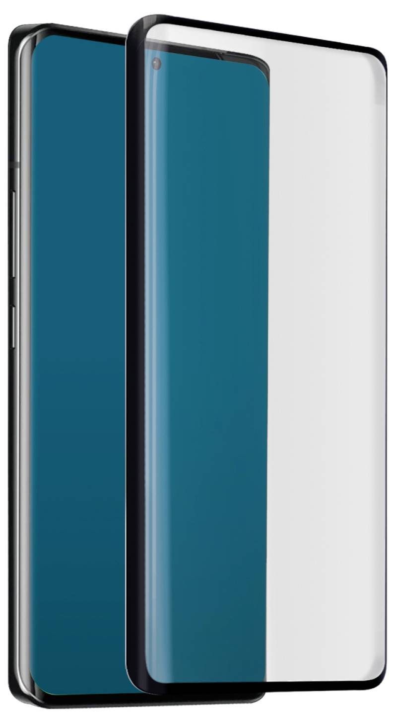A smartphone screen protector is shown partially covering a modern smartphone. The phone's side buttons are visible, indicating a slim design.