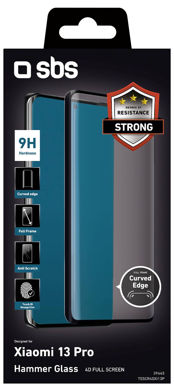 'Curved Edge Hammer Glass Screen Protector for Xiaomi 13 Pro' packaging, showcases 9H hardness, anti-scratch, and fingerprint resistance.