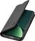 A black leather flip case partially opens to reveal a smartphone with a visible green screen. The phone case has stitching details.