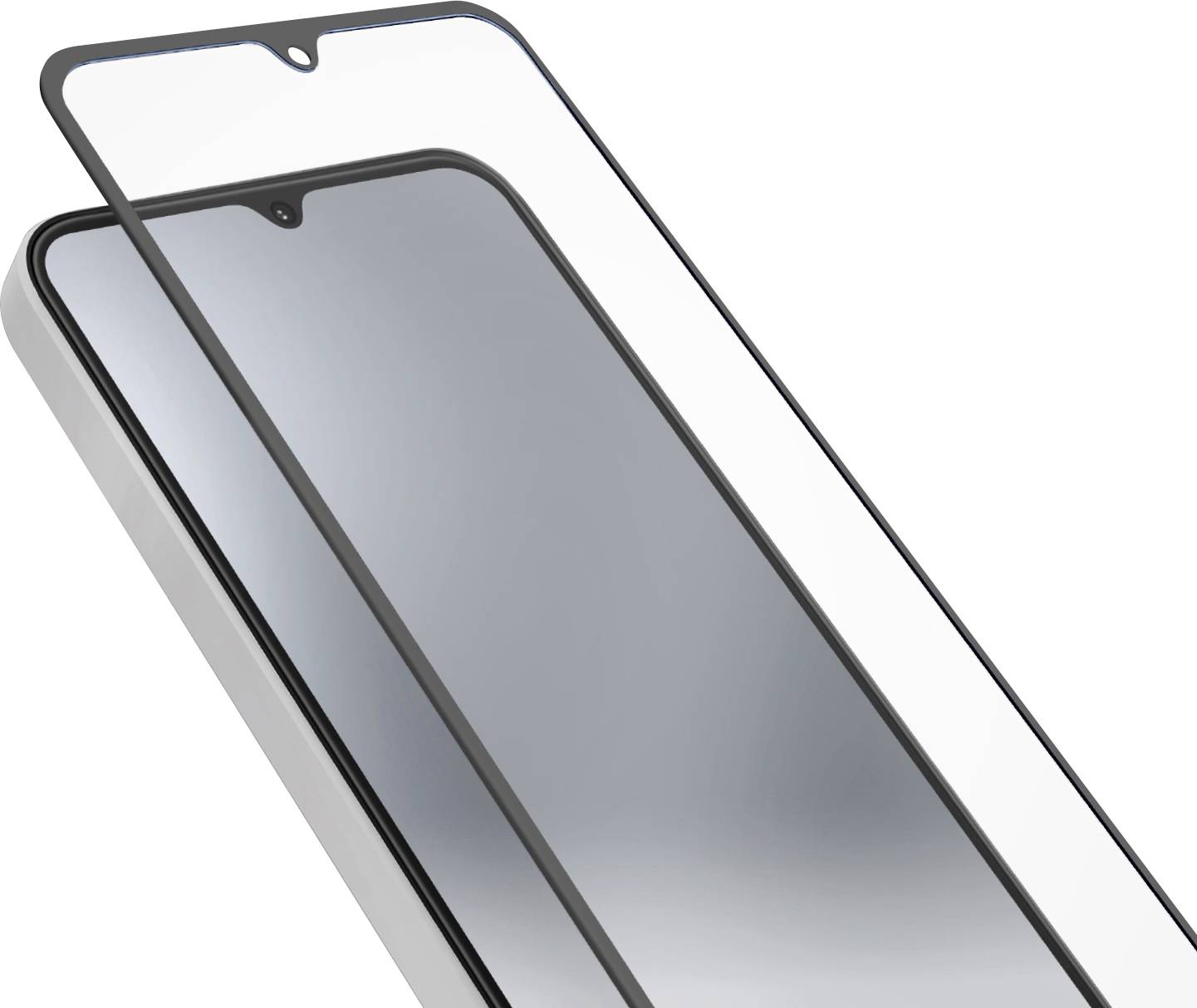 'Smartphone with screen protector being applied, showing precise alignment over the phone's front, emphasizing screen coverage and protection.'