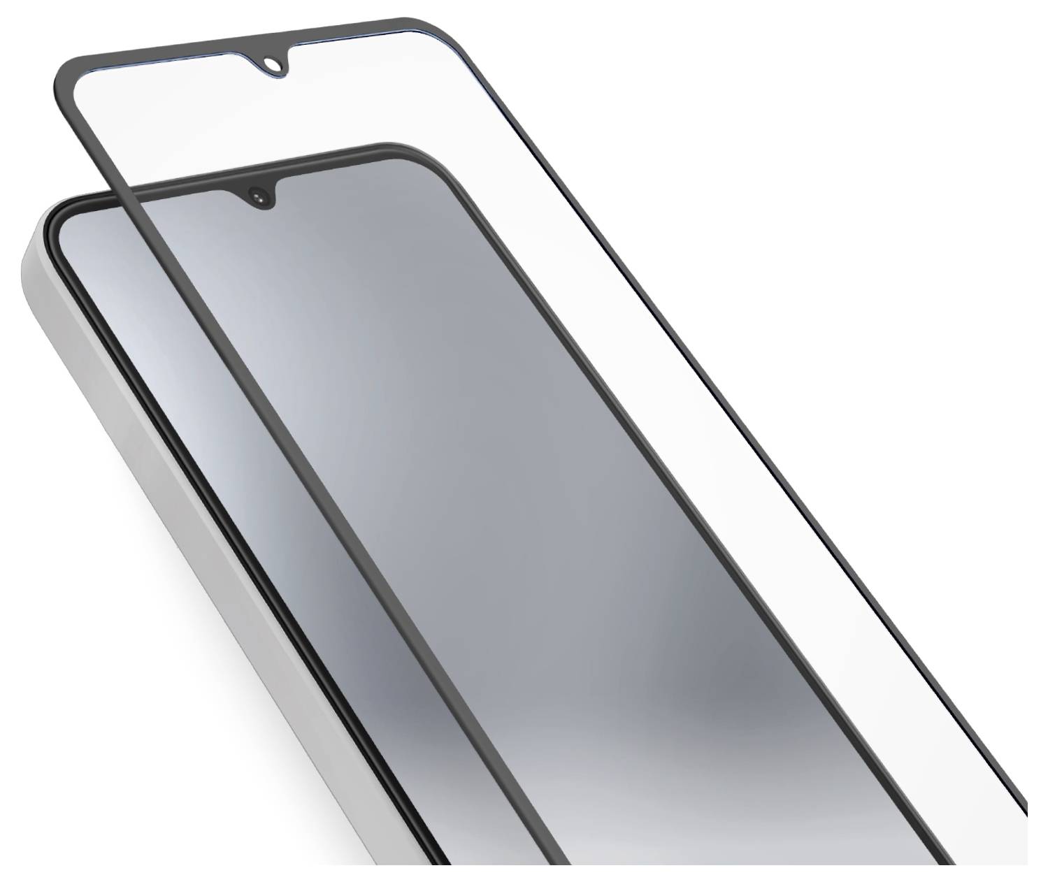 A smartphone screen protector partially covers a smartphone with a reflective screen, illustrating how the protector fits over the phone.