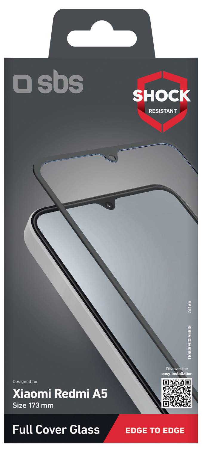 'Shock Resistant Full Cover Glass for Xiaomi Redmi A5' packaging with image of screen protector covering phone screen. Size: 173 mm.