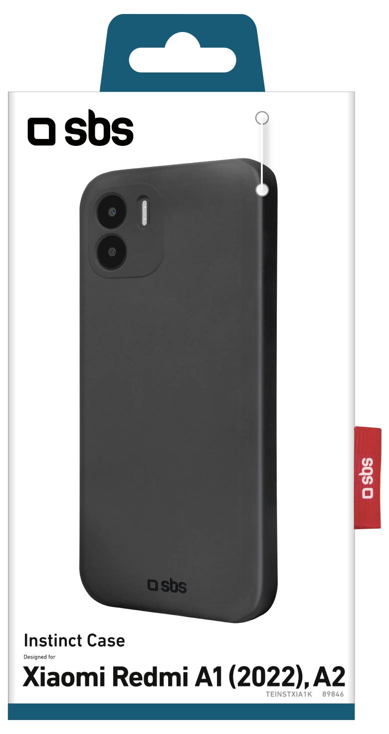 'Black SBS Instinct Case for Xiaomi Redmi A1 (2022), A2.' The case is displayed in its packaging, highlighting its sleek design.
