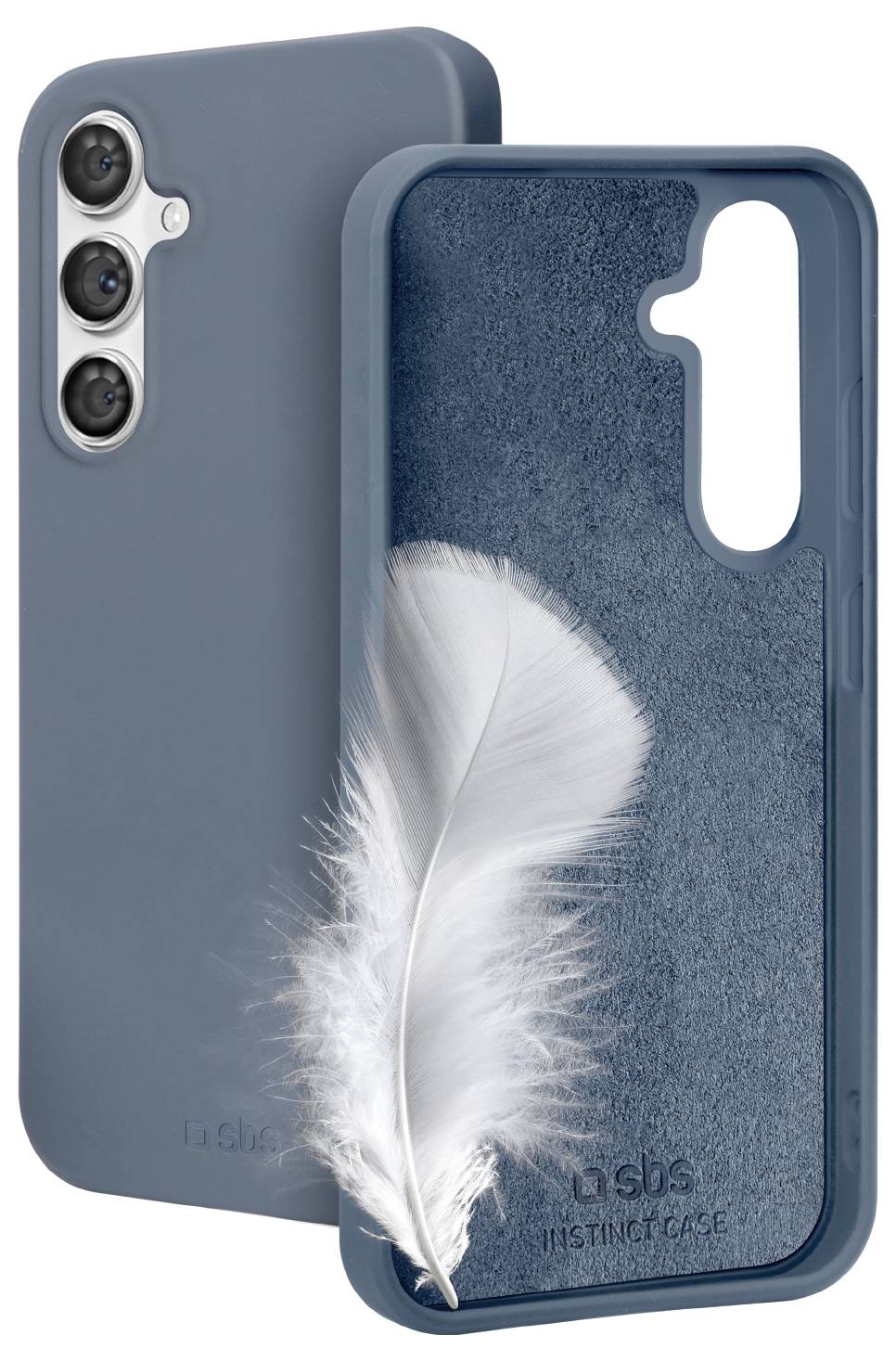 Blue smartphone case with triple camera cutout, featuring a realistic white feather design on the inner side, symbolizing lightness.