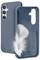 Blue smartphone case with triple camera cutout, featuring a realistic white feather design on the inner side, symbolizing lightness.