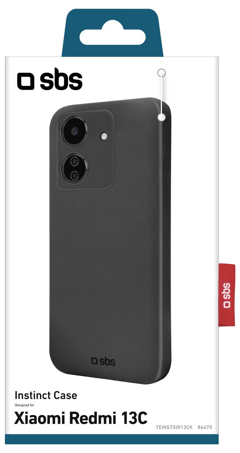 'Instinct Case for Xiaomi Redmi 13C by SBS' packaging, showing a black phone case with dual camera cutouts on a white background.