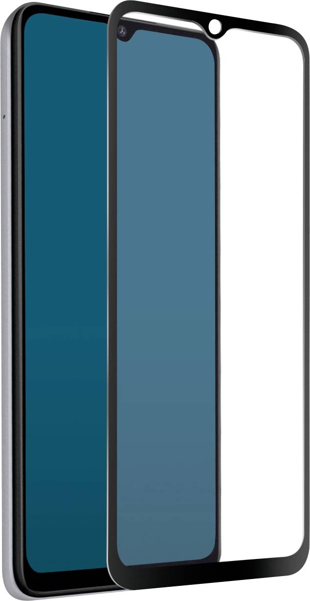 Smartphone with a front-facing screen protector, highlighting a slim design and edge-to-edge display coverage.