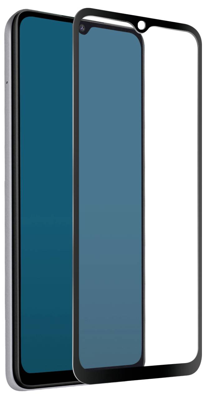 A smartphone with a blue screen, shown alongside a protective screen cover. The cover is transparent and fits the phone's dimensions.