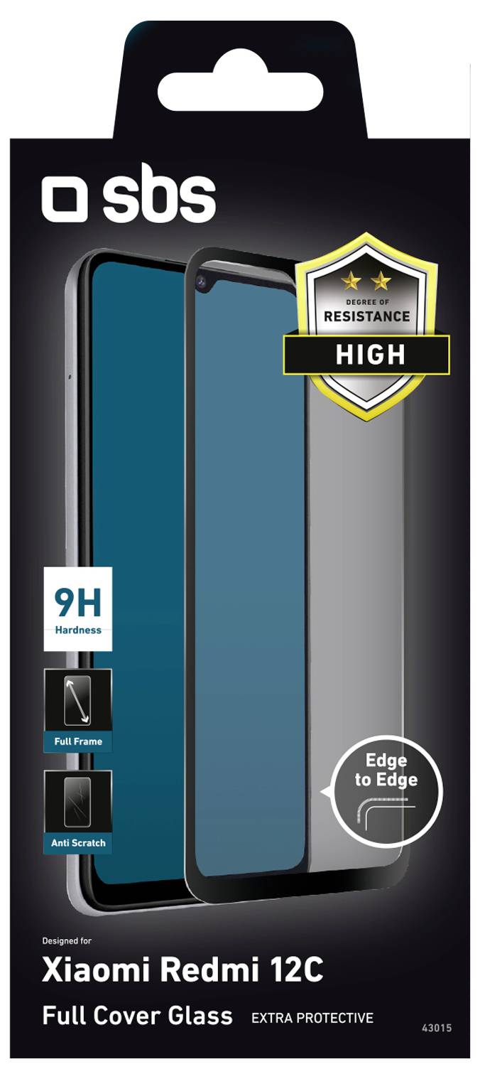 'Full Cover Glass' packaging for Xiaomi Redmi 12C. Highlights: 9H hardness, full privacy, anti-scratch, edge-to-edge protection, high resistance.