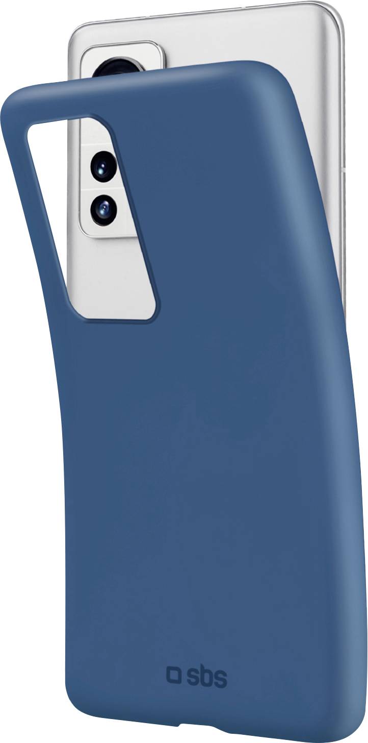 Blue phone case partially covering a smartphone with dual camera lenses.