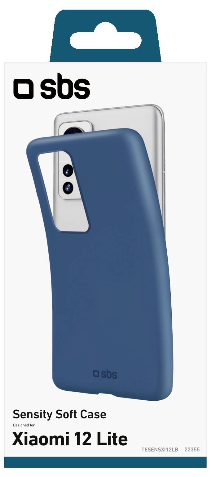 'Sbs' branded soft phone case for Xiaomi 12 Lite, shown in dark blue with an opening for camera. Packaging highlights phone compatibility.