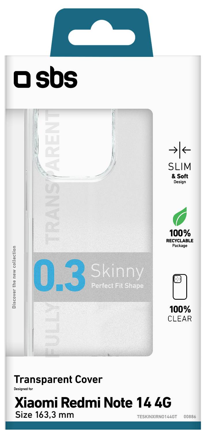 Transparent cover packaging for Xiaomi Redmi Note 14 4G. Highlights: slim design, 0.3mm thickness, 100% recyclable, fully clear.