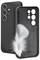 A black smartphone case with a feather design, highlighted for its lightweight and protective features.