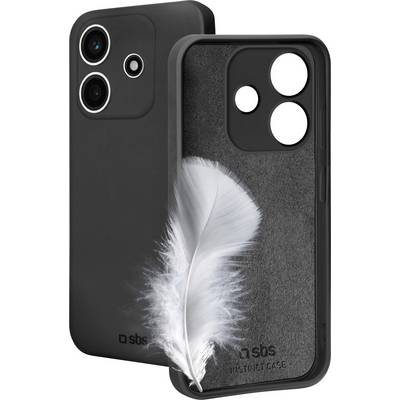 A black smartphone case with a cutout for the camera lenses and a white feather placed inside, showcasing its slim and sleek design.