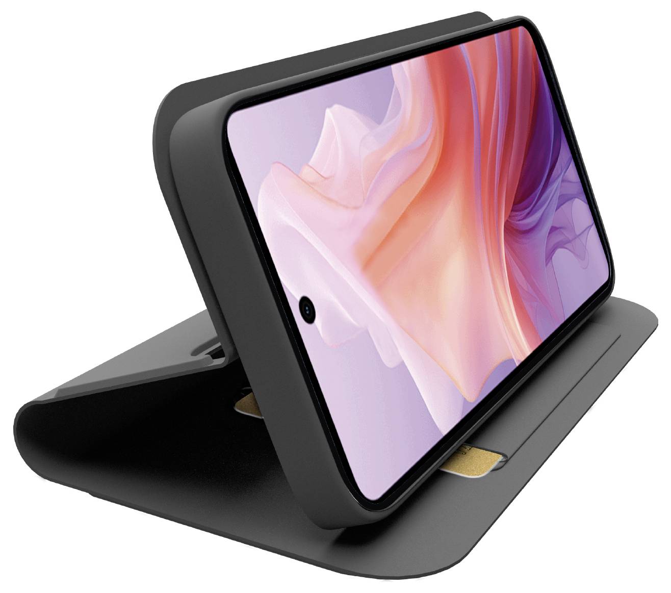 A smartphone with a vivid, abstract pink and purple wallpaper, displayed on a black stand that doubles as a protective case.