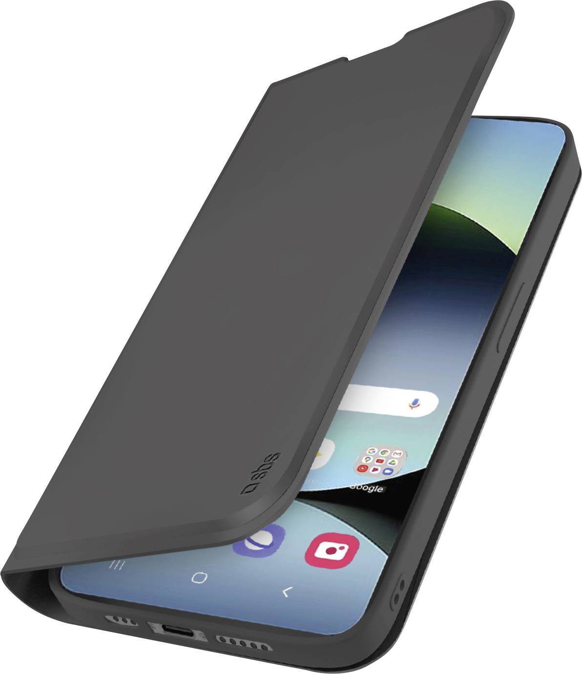 A smartphone in a slim, black protective flip cover, partially open to show a modern interface with colorful app icons on its screen.