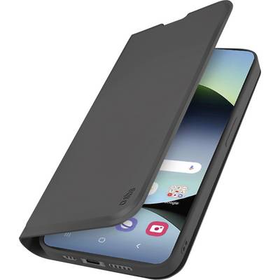 A smartphone in a slim, black protective flip cover, partially open to show a modern interface with colorful app icons on its screen.