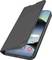 A smartphone in a slim, black protective flip cover, partially open to show a modern interface with colorful app icons on its screen.
