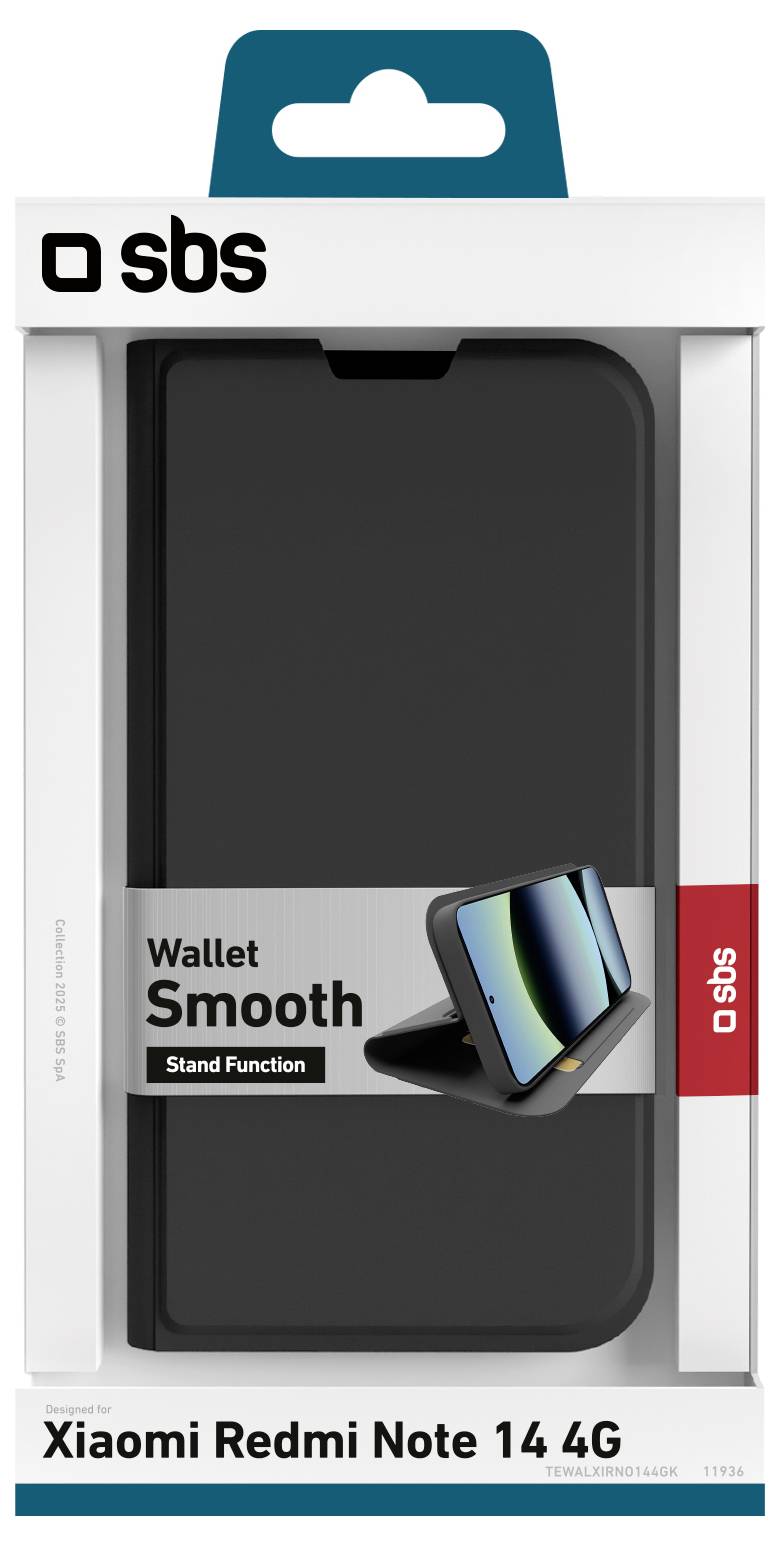 'Xiaomi Redmi Note 14 4G' wallet case with smooth stand function, shown in packaged box with image of the case holding a phone.