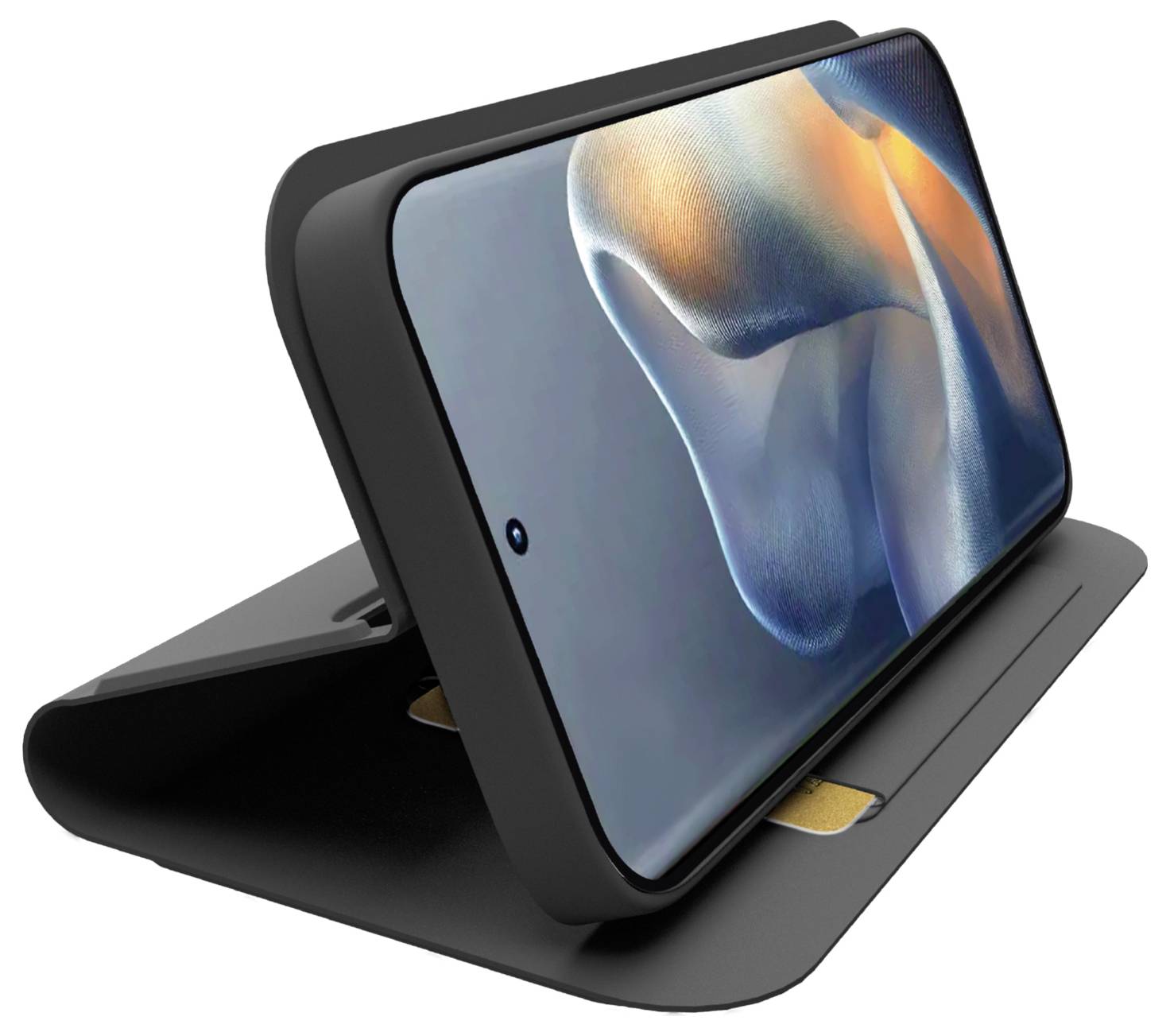 Smartphone in a black folding case, propped up horizontally. The screen displays an abstract design with blue and orange hues.