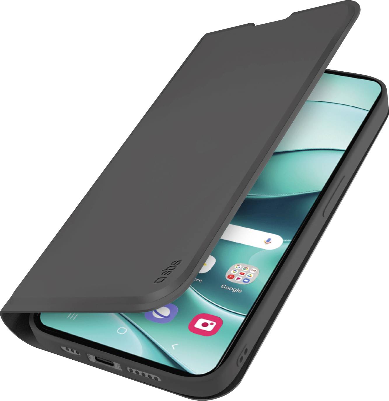 A smartphone with a flip cover halfway open, displaying the home screen with app icons and a visible camera on the top right corner.