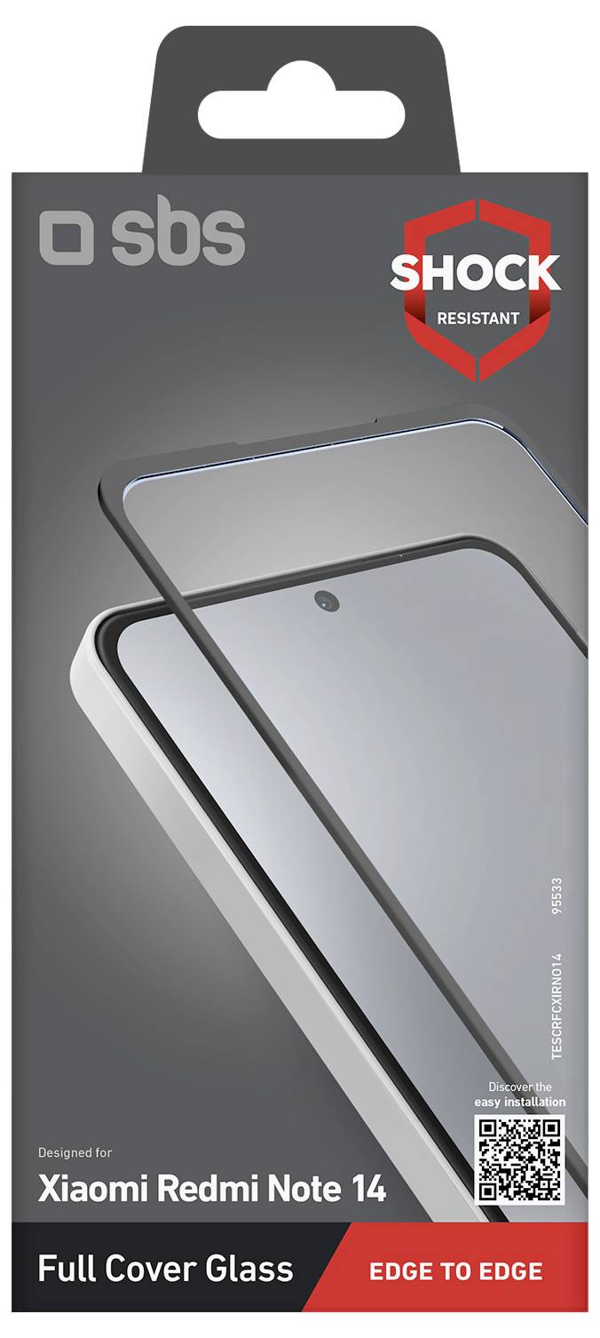 'Shock Resistant Full Cover Glass' packaging for Xiaomi Redmi Note 14, showcasing edge-to-edge glass with a protective design.