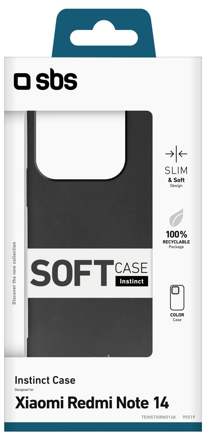'Instinct Case for Xiaomi Redmi Note 14' packaging displaying a slim, soft, black phone case, 100% recyclable, designed by SBS.