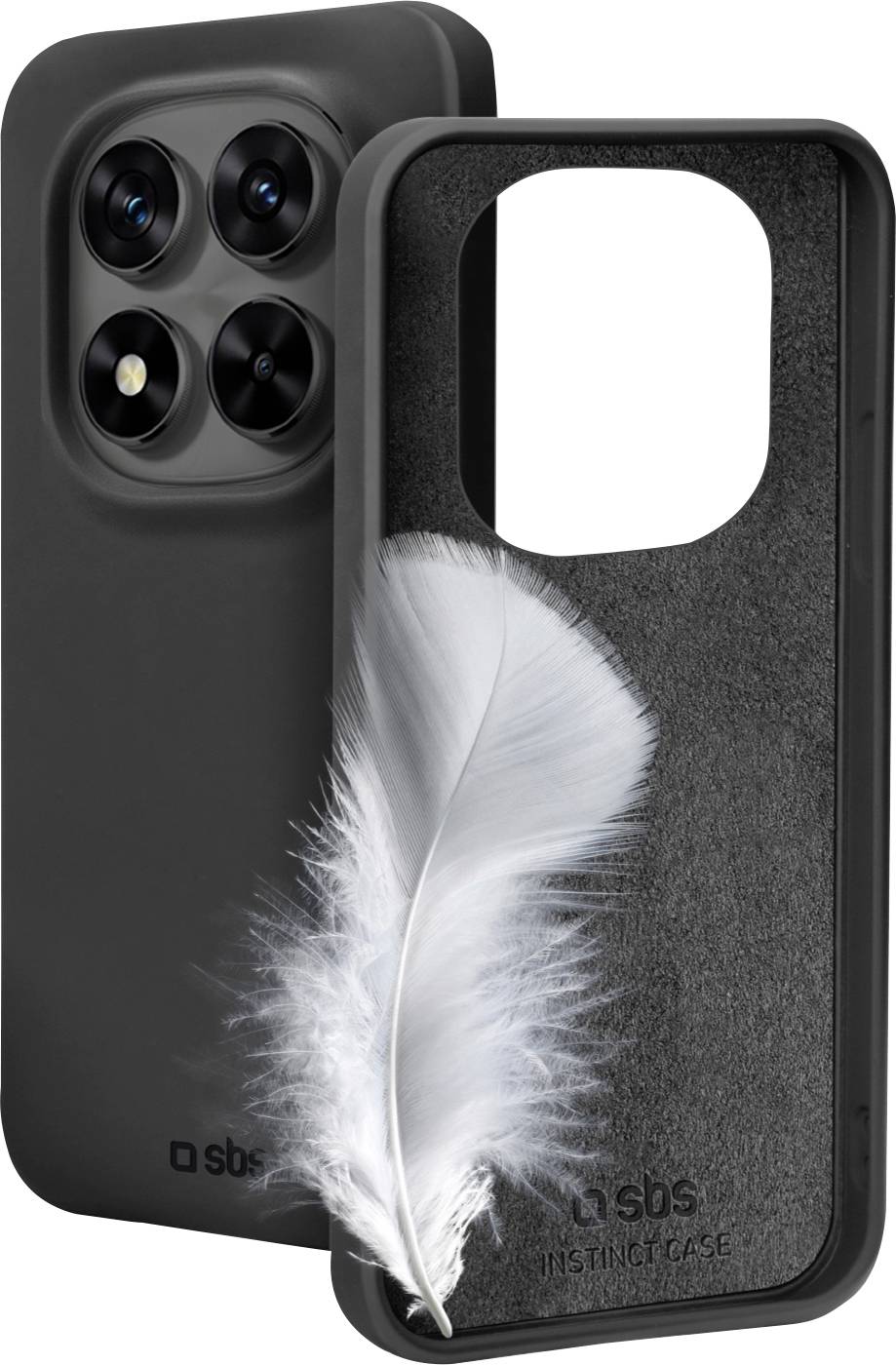 A soft feather sits inside a black phone case standing next to its matching back cover, suggesting lightness and protection.