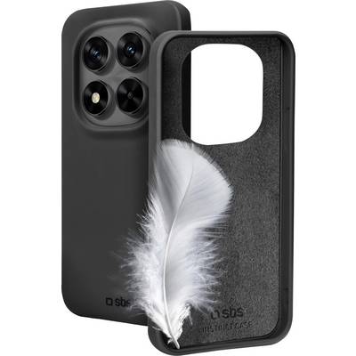 A soft feather sits inside a black phone case standing next to its matching back cover, suggesting lightness and protection.