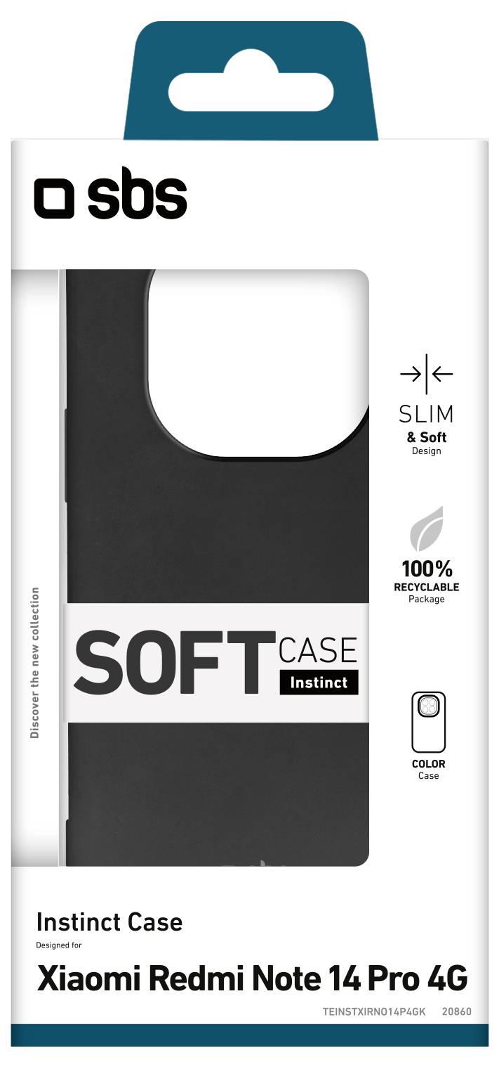 'Soft Case Instinct' packaging for Xiaomi Redmi Note 14 Pro 4G, features slim, soft design, 100% recyclable, compatible with color case.