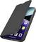 A smartphone with multiple colorful app icons on the screen is partially covered by a sleek, black folding case.