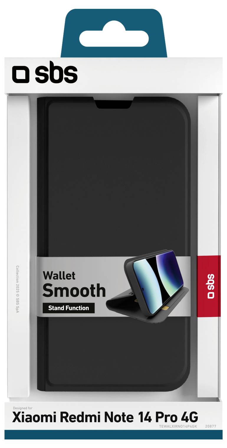 'Wallet Smooth' black phone stand case for Xiaomi Redmi Note 14 Pro 4G, in retail packaging with SBS branding.