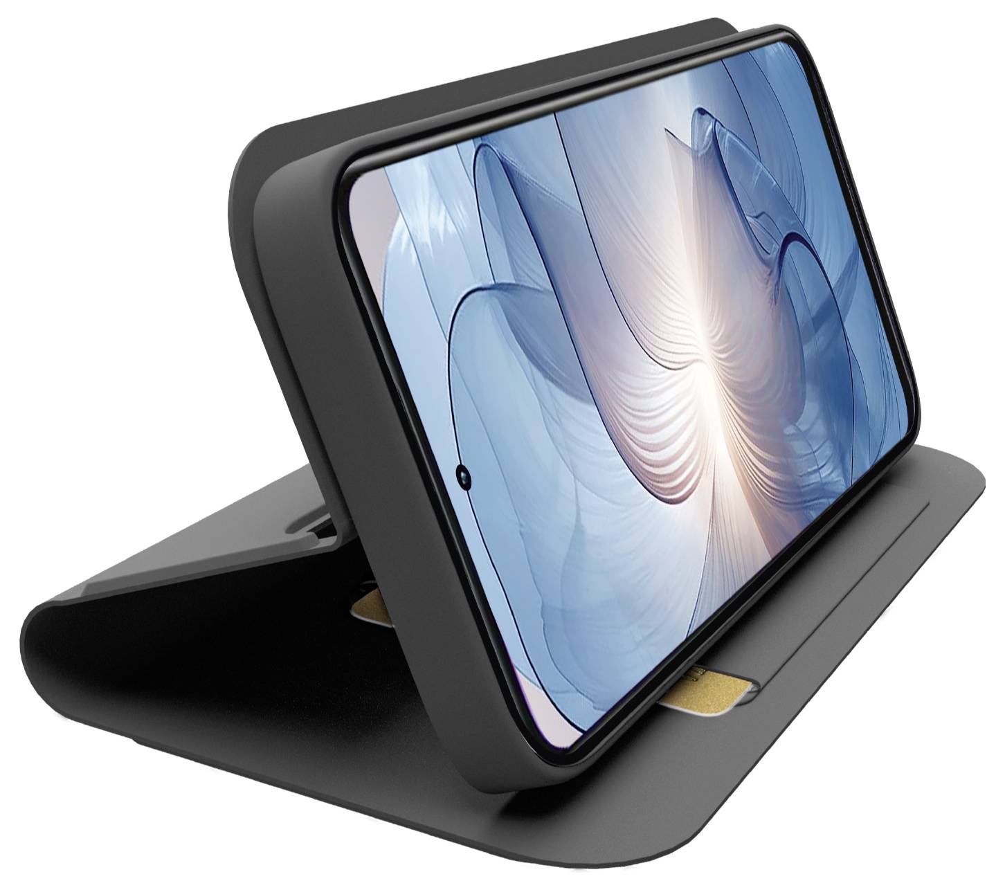 A smartphone with a blue abstract design on its screen is placed on a black stand with a slightly opened cover.
