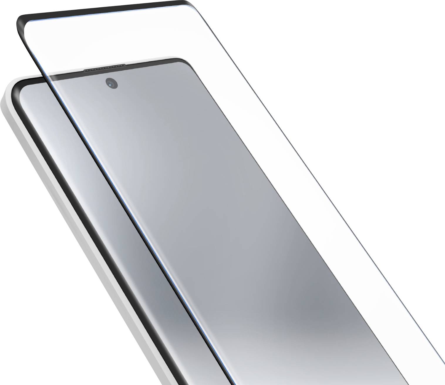 A smartphone with a screen protector placed above it, showing how the protector fits perfectly over the phone's display.