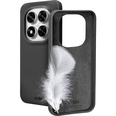 A black phone case with a soft interior is shown; a white feather rests inside, highlighting its lightweight and protective design.