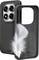 A black phone case with a soft interior is shown; a white feather rests inside, highlighting its lightweight and protective design.